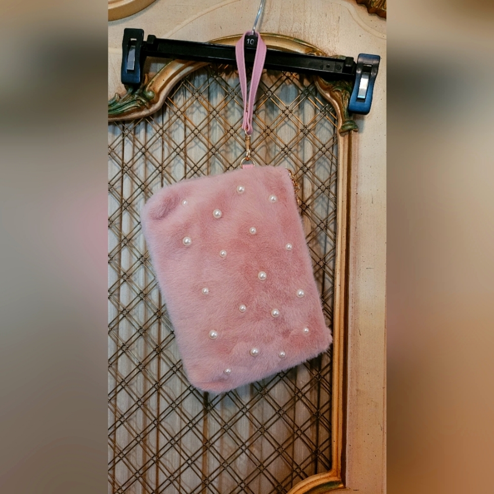 Barbie Pink fur wristlet purse with pearls